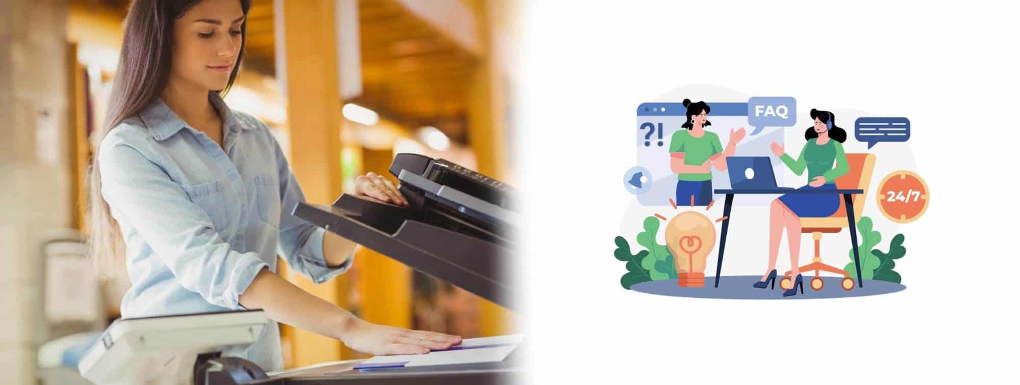 Femme qui scanne un document une imprimante en entreprise