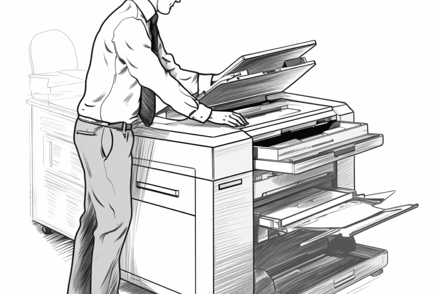 illustration a la main d'un homme utilisant une imprimante lourde dans son entreprise